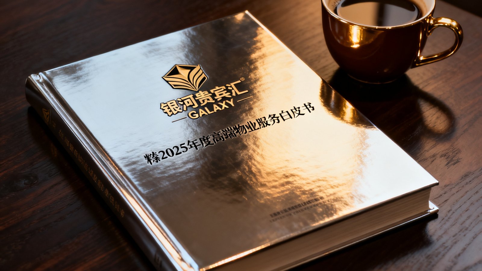 一本精装版2025年度高端物业服务白皮书摆放在深色木质桌面上，封面印有银河贵宾汇GALAXY的标识，旁边放着一杯咖啡。