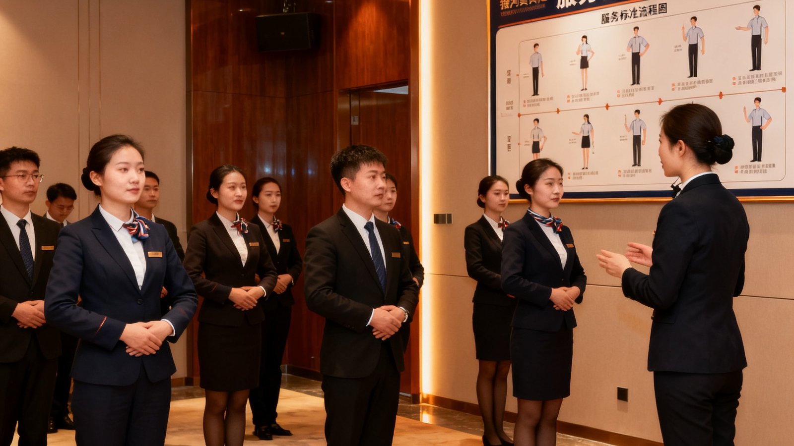 银河贵宾汇新升级的员工培训中心内，学员们正在进行商务礼仪实操演练，培训师在一旁观察指导，墙上挂着服务标准流程图。