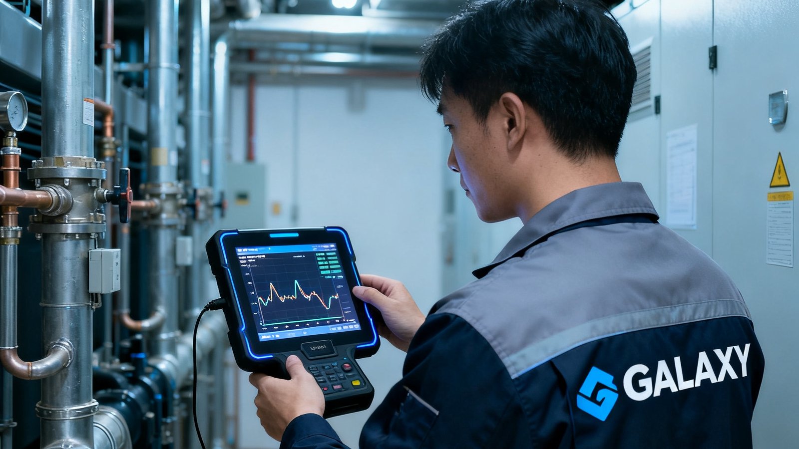一名身穿印有GALAXY标识工服的工程师，手持智能巡检终端，正在涉外公寓的设备间检查暖通管道运行状态，屏幕上显示着实时数据曲线。