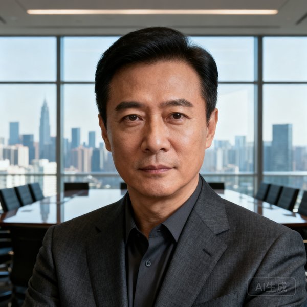 银河贵宾汇GALAXY创始人兼CEO林启航先生，45岁，身着深灰色西装，眼神坚定，背景为公司总部会议室的落地窗。