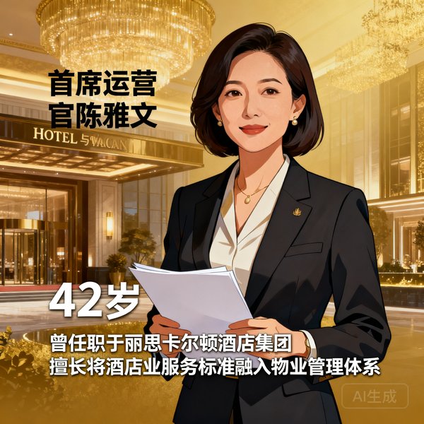 首席运营官陈雅文女士，42岁，曾任职于丽思卡尔顿酒店集团，擅长将酒店业服务标准融入物业管理体系。