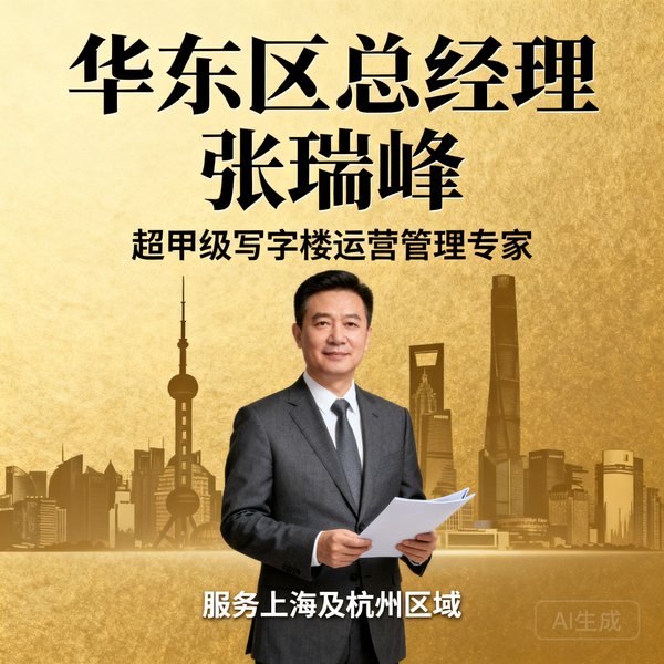 华东区总经理张瑞峰，47岁，拥有丰富的超甲级写字楼运营管理经验，带领团队服务上海及杭州区域。